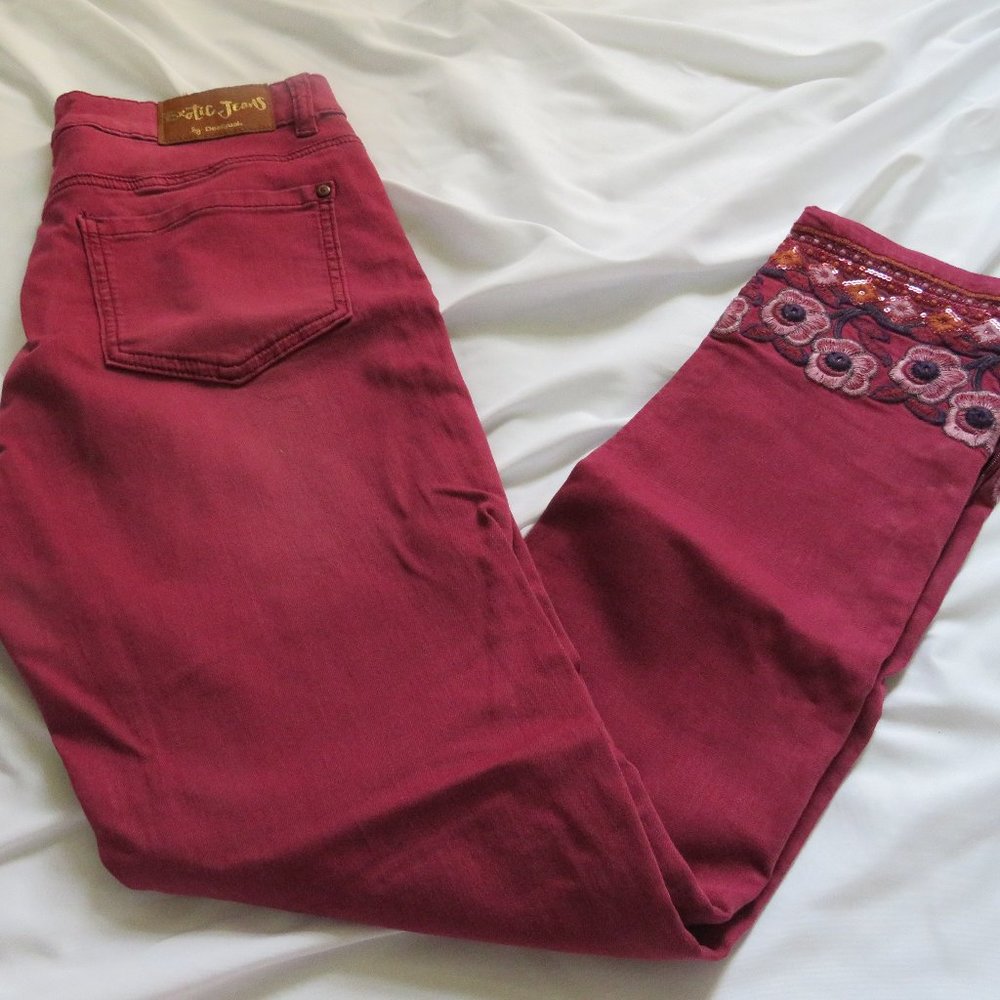 Desigual Exotic Jeans Red Embroidered Jeans